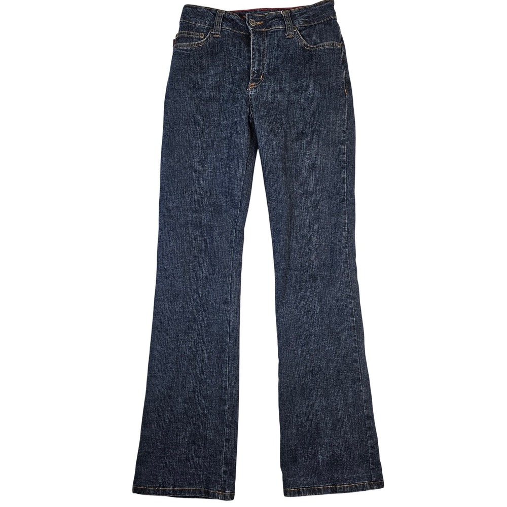 Mu Jeans Authentic Dungarees Dark Wash Bootcut Denim Pants Red Stitching Sz 28